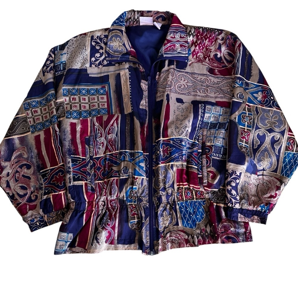 VTG Southern Expressions Silk Abstract 80s Patchwork Print Bomber Jacket Sz M